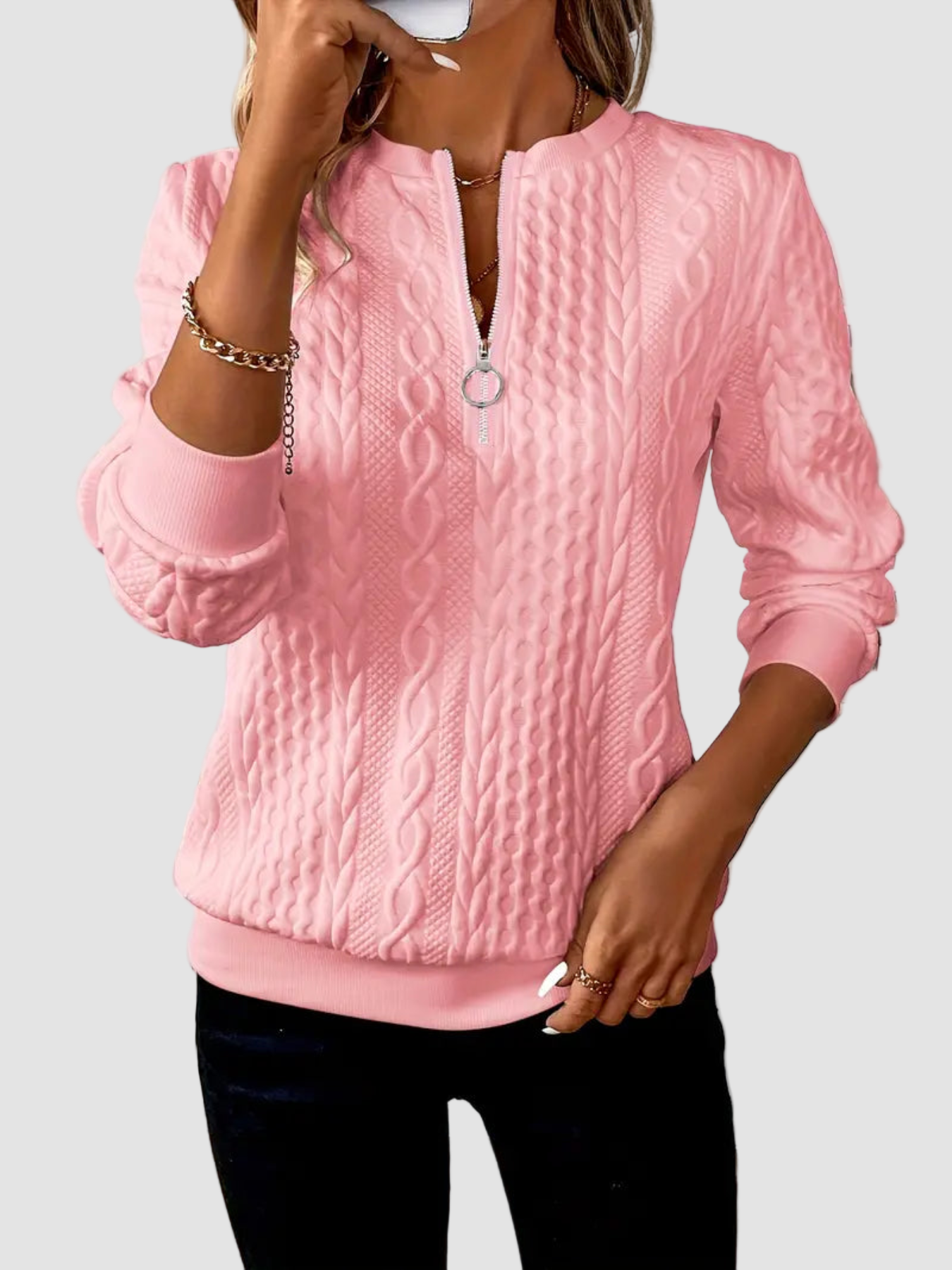 Amalie - Maglione elegante in maglia a trecce con zip per donne